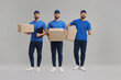 Delivery service. Happy courier with cardboard boxes on light grey background, collage of photos