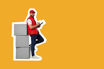 Sticker - Happy courier with clipboard near parcels on orange background, space for text