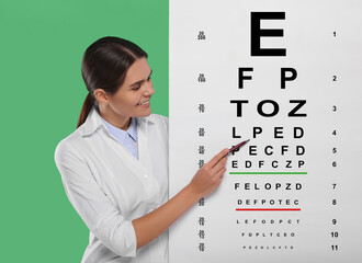 Canvas Print - Ophthalmologist pointing at vision test chart on green background