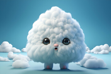 3d rendering of a cute white fluffy cloud character on blue background