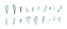 Shards Of Shattered Glass. Pieces Of Broken Glass Isolated. Transparent Background PNG. Pen Tool Cutout. Side By Side Of Various Broken Glass Pieces Of Several Shapes And Sizes. 
