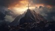 a cross is on top of the mountain with the clouds and mountains