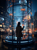 Fototapeta Londyn - In this futuristic scene, a young girl stands mesmerized near a shimmering glass dome, surrounded by the dazzling glow of a night cityscape.