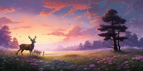 A field of lavender under a pastel sky, where bees buzz around, and a family of deer grazes in the fragrant meadow.