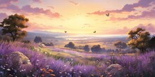 A Field Of Lavender Under A Pastel Sky, Where Butterflies And Bees Gather Nectar, And A Group Of Deer Grazes In The Fragrant Meadow.