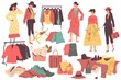 Flea market illustration set. Character buying second hand vintage clothes on street market. Sustainable eco fashion and clothes donating concept.