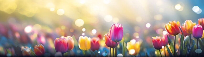  an abstract landscape header with bright sun and bright tulips