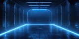 Fototapeta Przestrzenne - A dark empty room decorated with light blue lines. generative AI