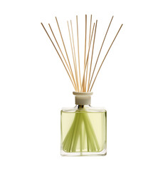 Purple REED DIFFUSER - Transparent Background PNG. Pen tool cutout. Aroma diffuser in a clear glass bottle. Glass bottle mockup. Commonly used in hotels, offices, restaurants and cafés