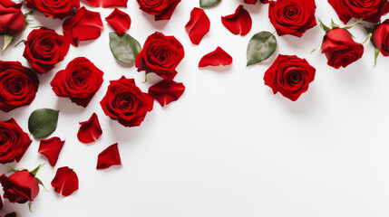 Wall Mural - Flat lay top view red roses, isolated on a white background for Valentine's Day, International Women's Day, Mother's Day card or background or a wedding invitation