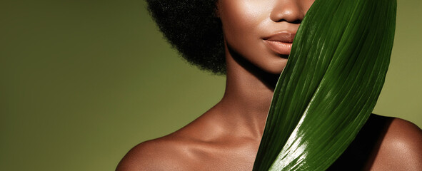 Wall Mural - organic skin care. beauty portrait of young beautiful african american woman posing with exotic gree