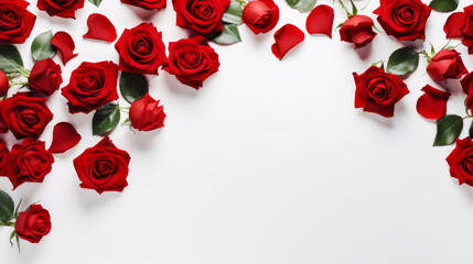 Wall Mural - Flat lay top view red roses, isolated on a white background for Valentine's Day, International Women's Day, Mother's Day card or background or a wedding invitation