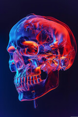 Wall Mural - Head skull  and skeletal system in anatomical model in neon colors isolated on dark background