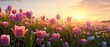 A beautiful stretch of Tulip flowers in bloom with a sunset view in the background. generative AI