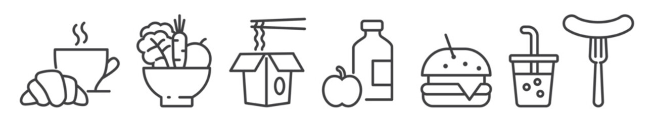 Wall Mural - Snack and carryout icons - editable thin line icon set on white background