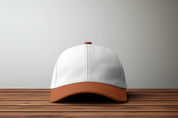 Wall Mural - Mockup of fashionable white sports baseball cap with brown visor, on background in loft style. Generate Ai. Place for design, print and showcasing