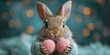 Süßer putziger Hase hält Eier in der Hand und schaut in die Kamera, ai generativ