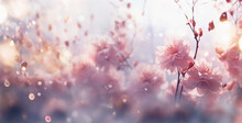 Beautiful Dreamy Soft Floral Background With Pale Pink Flowers At Sunshine Bokeh, Banner