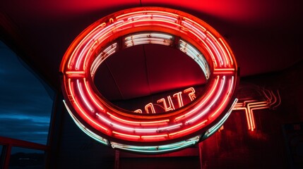 Wall Mural - A huge neon sign in form of circle pointing right in huge empty dark space