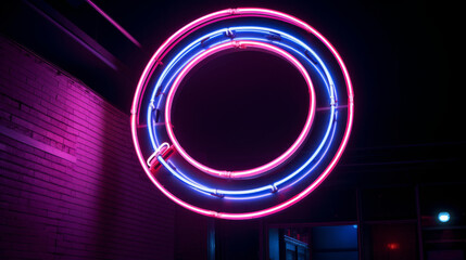 Wall Mural - A huge neon sign in form of circle pointing right in huge empty dark space