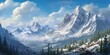 A panoramic view of a snowy alpine landscape, with towering peaks and pine trees covered in a fresh layer of snow.