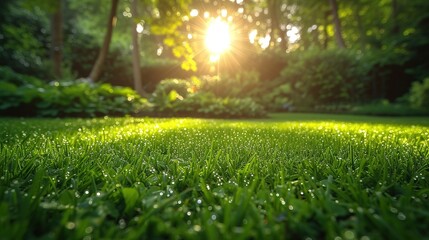 Wall Mural - Green grass with sunlight and bokeh background, soft focus. Generative Ai. 