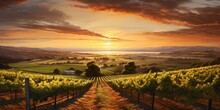 A Panoramic View Of A Vineyard At Sunset, With Rows Of Grapevines Bathed In Warm, Golden Light.