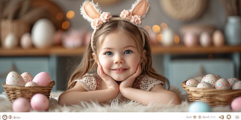 Wall Mural - Bunny-Gram Cutie: A Cute Little Girl in Pink Bunny Ears Generative AI