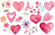 Watercolor, valentine day illustrations, hearts and flowers, invitations, decoration, cute, kawaii, pink