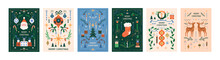 Merry Christmas Cards Set. Xmas Posters With Vintage Ornaments, Winter Holiday Patterns, Santa, Reindeer, Tree, Gift. Festive Season Postcards In Retro Scandinavian Style. Flat Vector Illustrations