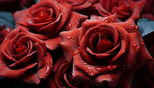 Red Roses With Water Drops On Black Background. Closeup. Valentines Day Background
