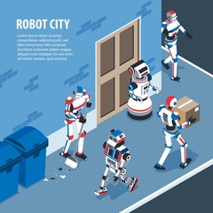 Sticker - Robots city isometric cartoon composition