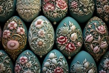 Easter Egg Shaped Cookies With Colorful Icing And Painting Floral Ornament