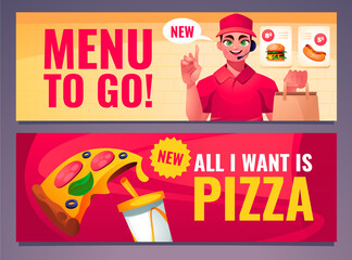 Wall Mural - Fast food restaurant cartoon banner set