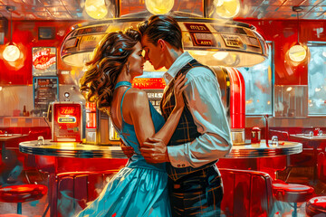 Timeless Love at Retro Diner: A Romantic Embrace by the Jukebox