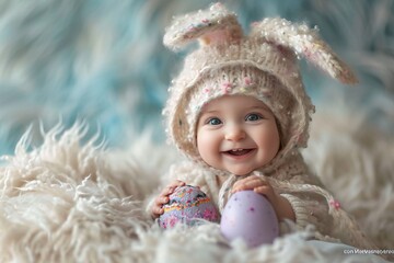 Wall Mural - Bunny Smile - A cute and playful image of a baby wearing a bunny hat and smiling, perfect for Easter celebrations or any other springtime event. Generative AI