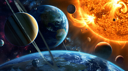 Wall Mural - Vibrant Cosmos: A Stunning Depiction of Planets Orbiting a Fiery Star in Deep Space