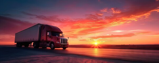 Wall Mural - Semi truck in full motion transporting goods along highway. Picture of truck vital cog in wheel of commerce and logistics. Inclusion of sunset and sky dimension of time and natural beauty