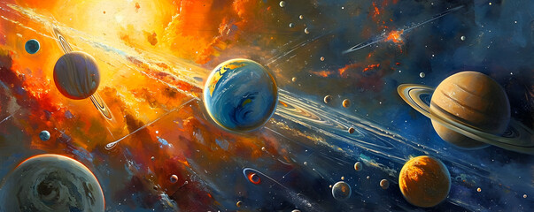 Wall Mural - Vibrant Cosmos: A Stunning Depiction of Planets and Nebulae in Outer Space.