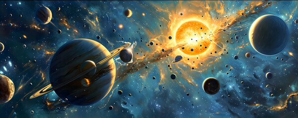 Wall Mural - Cosmic Vista: A Nebula's Cradle of Planets Orbiting a Distant Sun, Filled with Asteroids