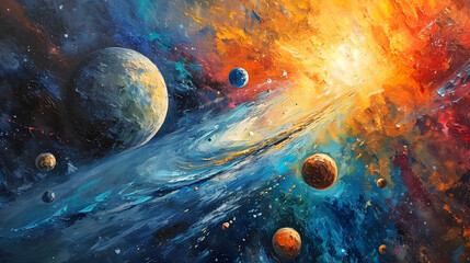 Wall Mural - Cosmic Canvas: An Abstract Impression of Space, Planets, and Vibrant Nebulae Formation.
