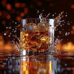 Canvas Print - Dynamic splash of whiskey in a glass, vibrant liquid motion captured. energetic alcohol beverage spill. AI