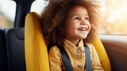 Little African American girl resting in a yellow child car seat travels in a car and smiles. Preventing danger. concept of safe travel and life protection