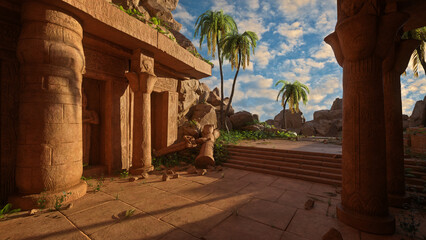 Poster - Ruins of an ancient Egyptian temple or tomb with broken stone statue and column. 3D rendering.