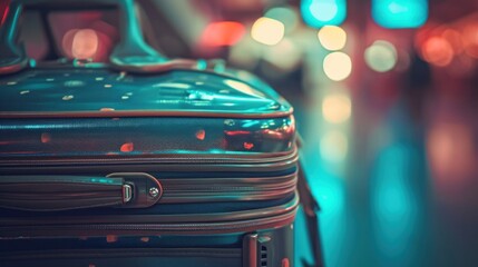 Canvas Print - A close up of a blue suitcase sitting on the ground, AI