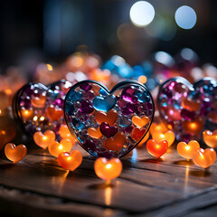 Wall Mural - Valentine's day background with glass hearts and bokeh lights