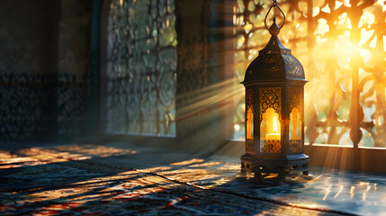 Ornate lantern glows in warm light, casting shadows on a patterned rug.