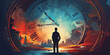 © OleksandrZastrozhnov - A man stand against the background of mechanical clock. The concept of time fluidity, rethinking lost time, time management.