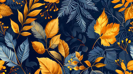 A vibrant pattern of blue and gold leaves creates a rich, textured design.