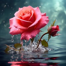 Pink Rose With Water Drops Generative Ai